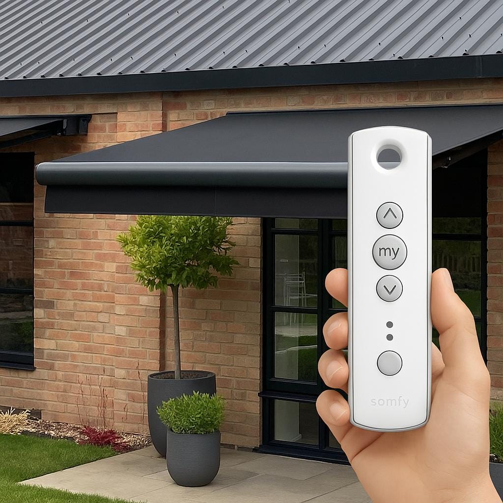A hand holding a remote control against the background of a retractable awning over a sliding glass door