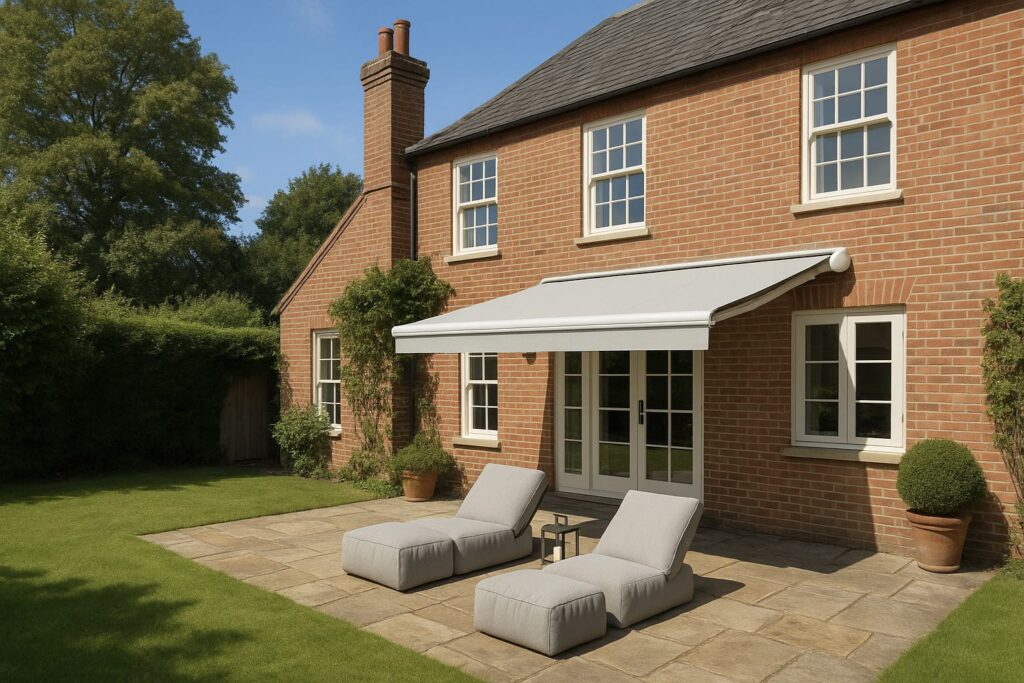 two grey sun loungers in the sunny back garden of a new build style UK home, shaded by Armony Plus, a fully cassetted awning