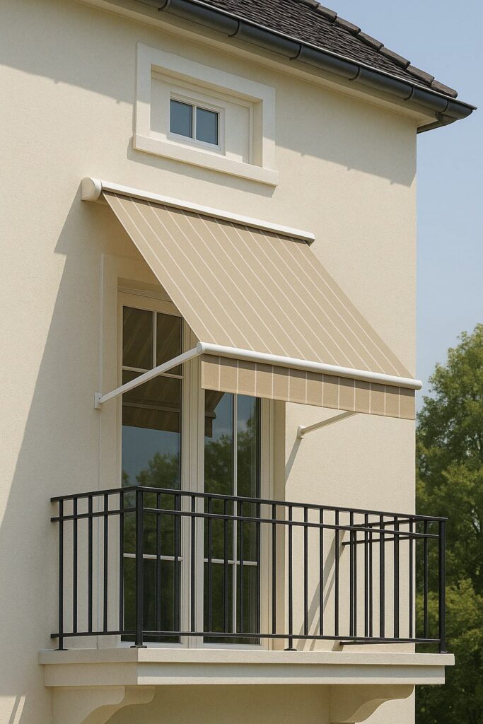 Beige colour Italia Slim drop arm awning over a balcony with a black metal railing