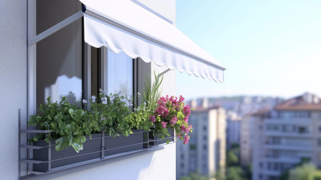 Many plants lining a windowsill, shaded by a white Italia Slim drop arm awning