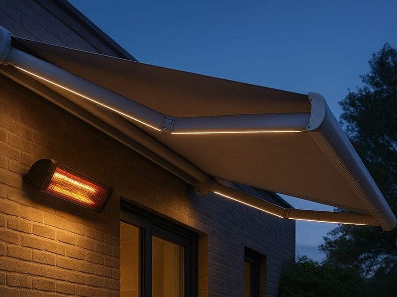 A retractable awning at dusk fitted with LED lighting on the arms, as well as a heat lamp on the brick wall the awning is installed on