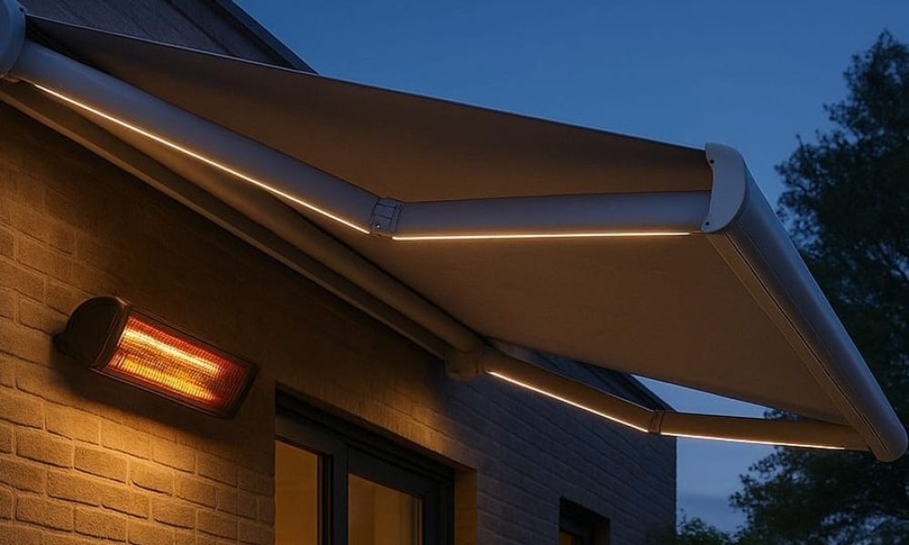 A retractable awning at dusk fitted with LED lighting on the arms, as well as a heat lamp on the brick wall the awning is installed on